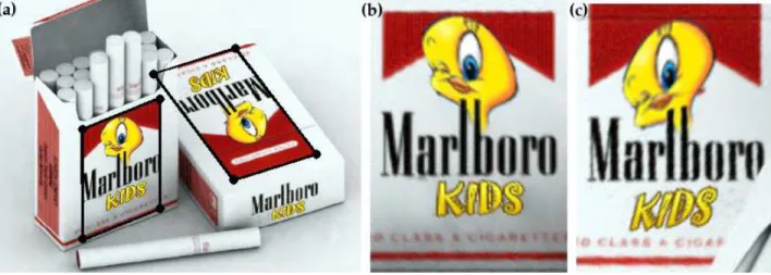 Figure 5. The face of each cigarette box in panel (a) is rectified using the known dimensions of the box face