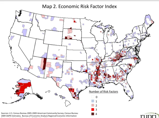 Table 6 summarizes the number of counties experiencing multiple risk factors.  While just under  half of metropolitan counties experience any risk factors, nearly three-quarters of noncore  counties do