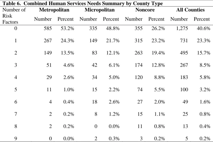 Table 6.  Combined Human Services Needs Summary by County Type  Number of 