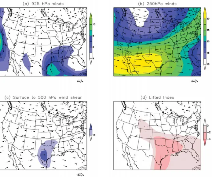 Figure 12 shows the NCEP MRF ensemble mean forecast wind and instability fields, corresponding to those observed in Fig