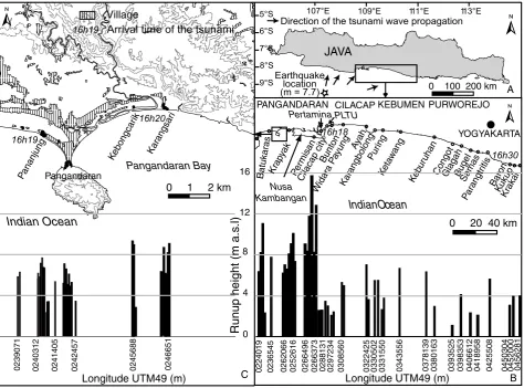 Fig. 1. Runup heights distribution of the 17 July 2006 tsunami along the south coast of Java