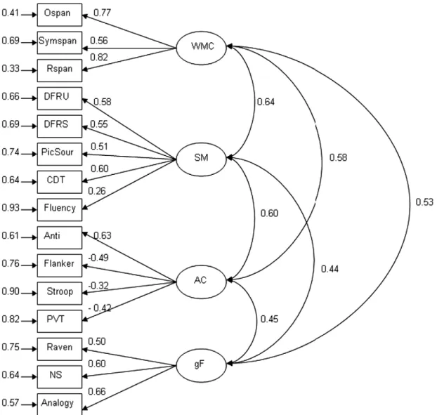 Fig. 2. Model for working memory capacity (WMC), secondary memory (SM), attention control (AC), and general ﬂuid intelligence (gF)