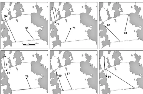 Table 4. Nototodarus goulditransmitters) detected, observations recorded, the number of receivers withobservations/the maximum number of active receivers, the proportion of cover-age by the curtain (assuming a 400 m detection radius), the number of visitev