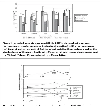 Figure 2: Biomass development of weed species and total weed 2004/05; harvest times were at the beginning and in the middle of shooting, ear emergence and at the beginning of ripeness; data points represent arithmetic mean of 64 (1.& 4