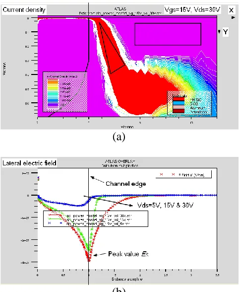 Figure 3.5  Finite element simulation results. (a) Current density two-dimensional distribution and (b) lateral electric field along cutline