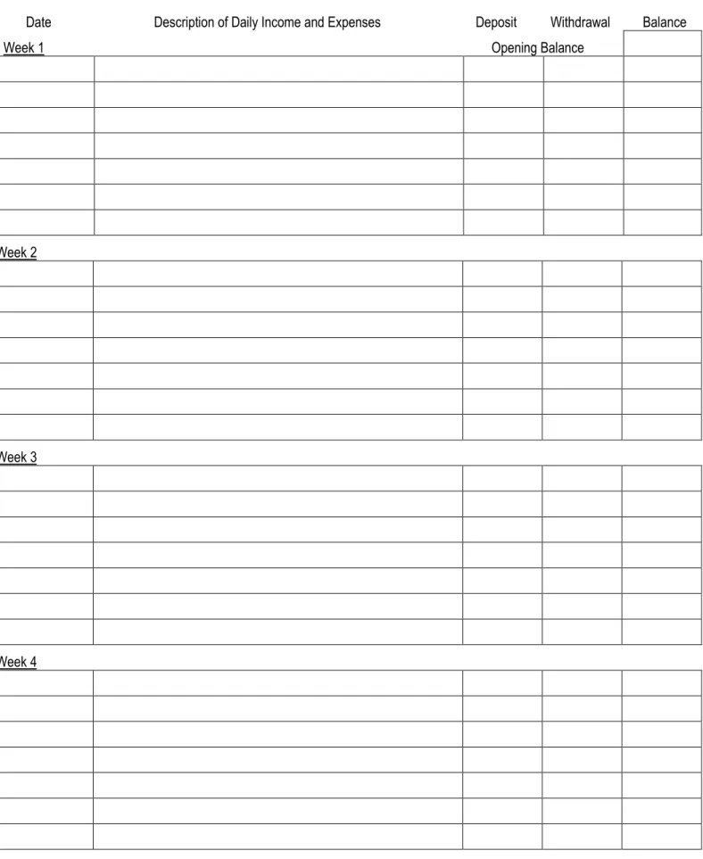 Table for tracking your actual income, expenses, and savings for 13 consecutive weeks