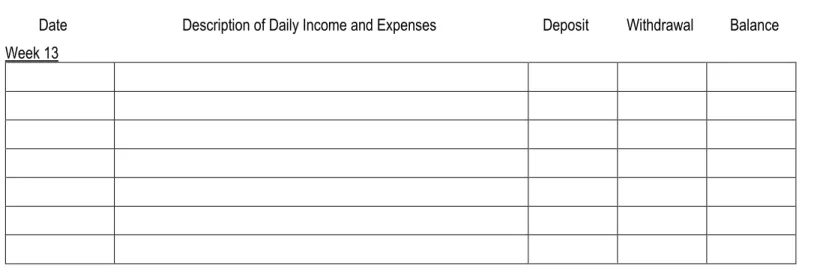 Table for Tracking your actual income, expenses, and savings for 13 consecutive weeks