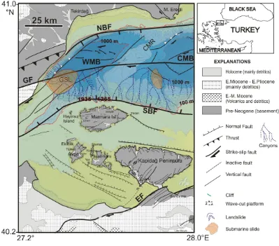 Fig. 5. Map showing the general tectonic features of the region of Marmara Islands such as simpliﬁed geology, active structures, submarinecanyons and landslides