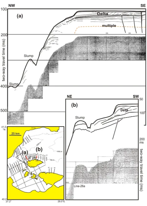 Fig. 6. Slumps at various depths can be seen off the shelf break tothe north of the Marmara Islands.