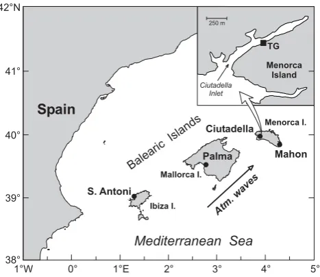 Fig. 7. A map of the Balearic Islands and positions of microbaro-graphs at Palma de Mallorca and Mahon and tide gauges at SantAntoni and Ciutadella (marked “TG” in the inset)