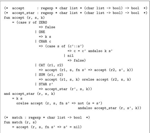 Figure 1: Higher-order, continuation-based matcher for regular expressions