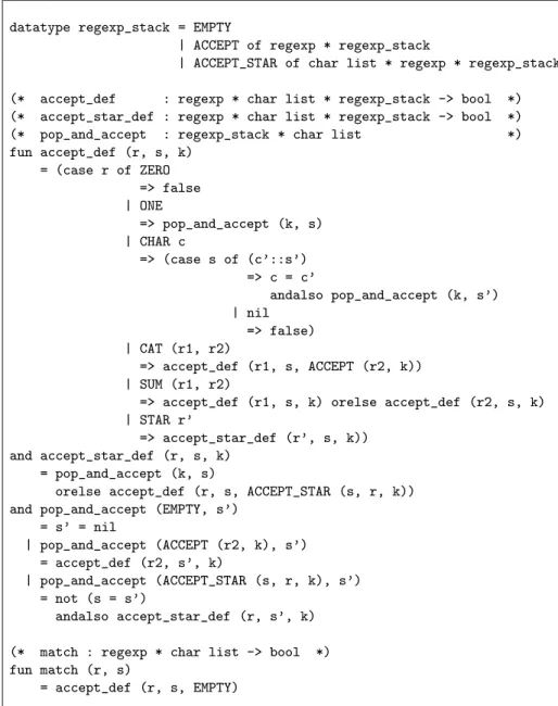 Figure 2: First-order, stack-based matcher for regular expressions