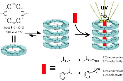 Figure 2.2. Host 2.1, a benzophenone containing bis-urea macrocycle, self-assembles into crystalline columnar structures that can absorb small guests.8 UV-irradiation of these solid complexes under an oxygen atmosphere affords selective oxidations