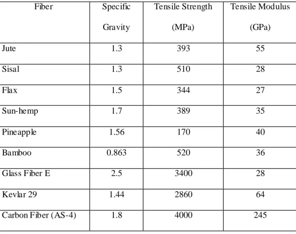 Table 1.1: Comparative properties of some of the widely used Fibers [10, 11]  