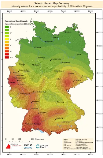 Fig. 1. Seismic Hazard Map Germany. Intensity values for a non-exceedance probability of 90% within 50 years