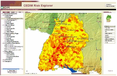 Fig. 5. Layout of the CEDIM Risk Explorer – table of contents, map window, toolbar.