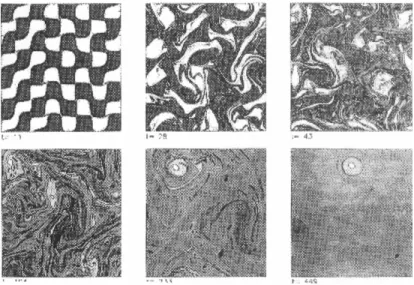 Fig. 26. Evolution of a vorticity pattern towards the formation of a dipole, in a periodic box (after Segre et al.).