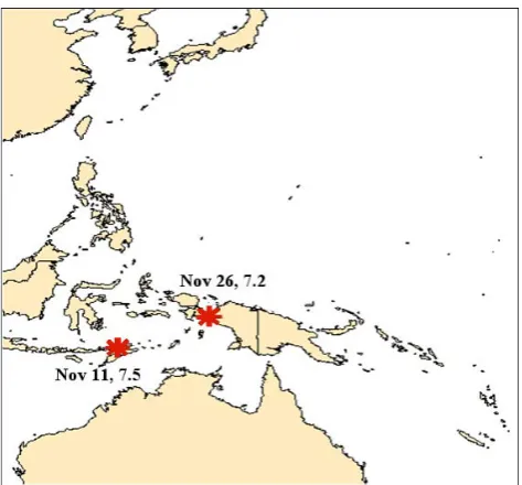 Fig. 8.Map showing the location, magnitude and time occur-rence of the two strong earthquakes happened in Indonesia duringNovember 2004.