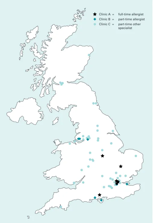Fig 6.2 NHS allergy clinics in the UK. The distribution of NHS allergy clinics according to the nature of the service provided: (A) full-time services in all types of allergy provided by consultant allergists; (B) part-time services provided by consultant 