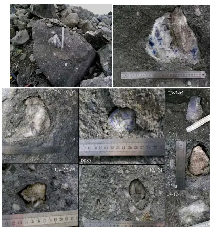 Figure 2.4. Diamonds found in the Udachnaya kimberlite pipe A - large smoky colored diamond (0.7x0.35cm) in kimberlite; B – dodecahedron diamond 8x8x7 mm in size; C – octahedron diamond 8x8 mm in size
