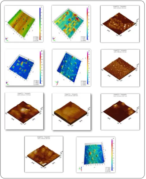 Fig. 6: AFM 3D images of different samples of titanium dioxide nanoparticles, A (ammonia), B (methanol),  