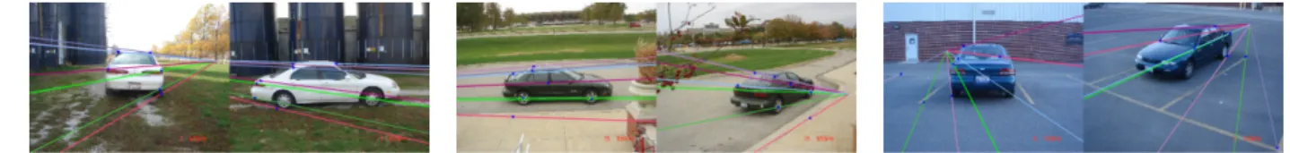 Figure 4. Example ultra-wide baseline matching [36] output. Estimated epipoles and epipolar lines (colors correspond) for image pairs.