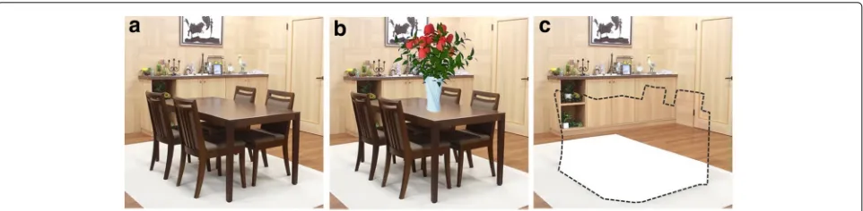 Fig. 1 Real, augmented, and diminished scenes. This figure shows differences between real ((virtual objects is one of the most important issues