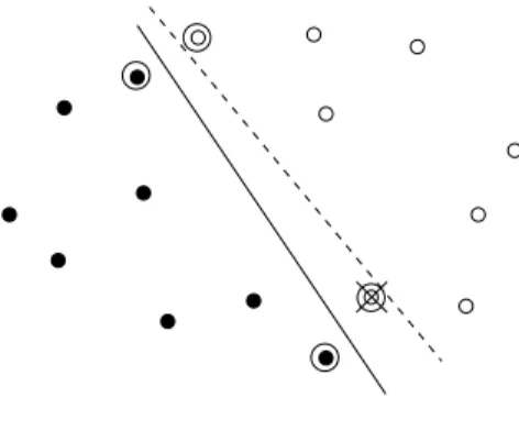 Figure 13. Support vectors (circles) can become errors (cross) after removal and re-training (the dotted line denotes the new decision surface).