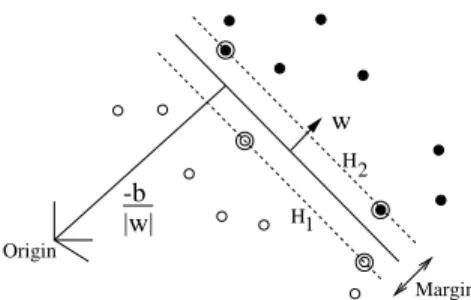 Figure 5. Linear separating hyperplanes for the separable case. The support vectors are circled.