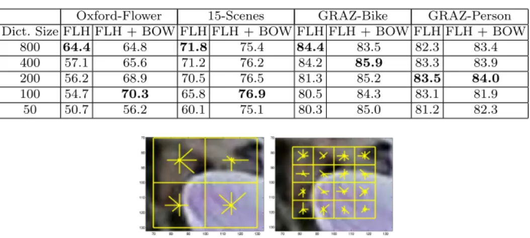 Table 2: The effect of dictionary size on FLH-based methods using SIFT-128. Classification accuracy on training data using cross-validation.