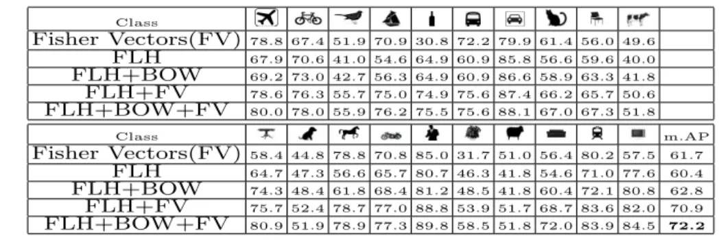 Table 13: Results on PASCAL-VOC 2007 (Mean average precision) Class Fisher Vectors(FV) 78.8 67.4 51.9 70.9 30.8 72.2 79.9 61.4 56.0 49.6 FLH 67.9 70.6 41.0 54.6 64.9 60.9 85.8 56.6 59.6 40.0 FLH+BOW 69.2 73.0 42.7 56.3 64.9 60.9 86.6 58.9 63.3 41.8 FLH+FV 