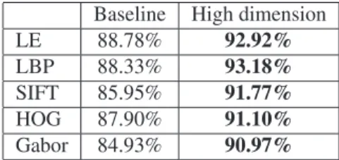 Table 1. The comparison between the high-dimensional feature and the baseline feature under LFW unrestricted protocol.