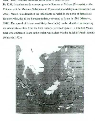 Figure 3.1: Map showing how Islam spread in South East Asia (Source: Johns, 1985, p.407) 