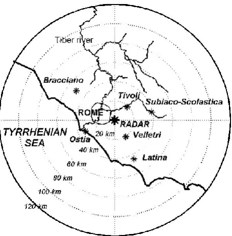 Fig. 1. Case-study region in relation to the radar location (in thecentre), the Rome’s ring road, the coast-line, the hydrographicalnetwork of the river Tiber, and the location of selected raingauges.
