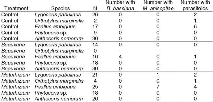 Table 2: Total number of mirids and Anthocoris nemorum (N), and number of individuals infected by Beauveria bassiana, Metarhizium anisopliae or found with parasitoids in different treatments in 2006