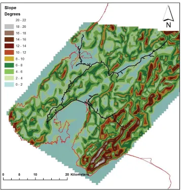 Figure 4.3 Wellington Region slope map. The thin red line represents the coast, while the black lines show the location of the bulk water pipes