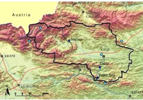 Fig. 1. Topography of the Savinja catchment with locations of main water gauging stations Fig