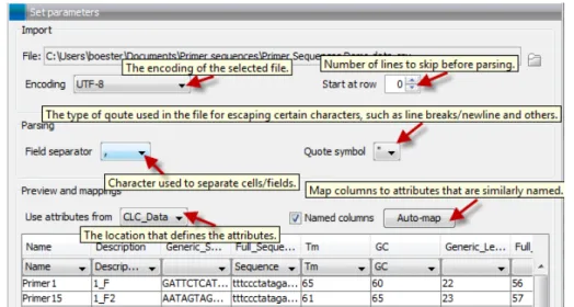 Figure 3.5: Import Sequences in Table Format wizard step 1. Specify the separator character and quote type as well as the number of lines to skip before parsing