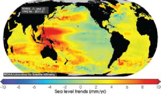Figure 1. Annual global sea-level rise estimated from global  trends from satellite altimetry data from 1992 to 2010 (local  trends were estimated using data from TOPEX/Poseidon  (T/P), Jason-1, and Jason-2)