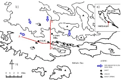 Fig. 4. (a) Map of study area; (b) Topographic location map indicating shafts, groundwater ﬂow directions, karst springs and submarinekarst springs.