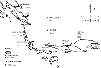Fig. 6. Study area location map indicating position of nine rain gauging stations and precipitation felt from 7 h on 5 December 2005 to 7 hon 6 December 2005.