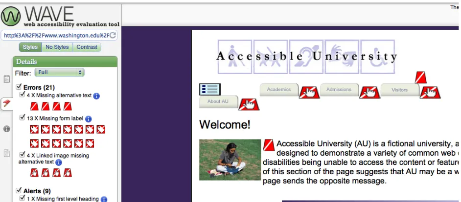 Figure 1. Screenshot of a WAVE analysis of Accessible University. 