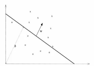 Fig. 3: A linear classifier which separates twpo classes of training data. Vectors b and w are visualized in this picture
