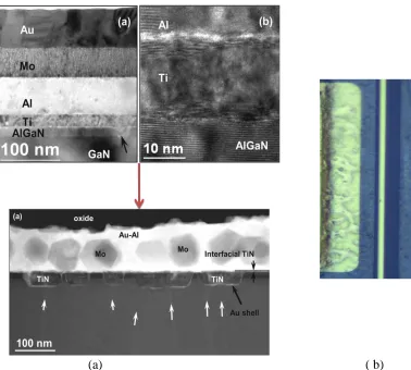 Figure 1.8 (a) TEM image of ohmic contact on AlGaN/GaN before and after annealing [26] (b) zoomed in view of the ohmic contacts  