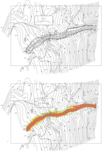 Fig. 7. The hazard map of the Kose˘c village prepared with the two-dimensional FLO-2D model using the existing Brusnik aligned channel1–4 mgeometry (present situation)