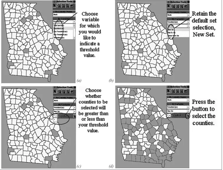 Figure 10.—Illustrated steps for finding counties with values that are > or < a threshold value for a chosen variable