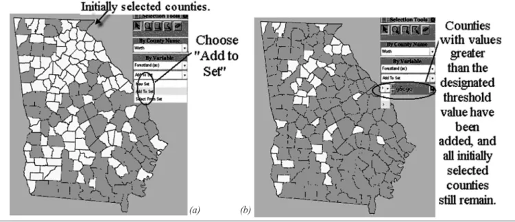 Figure 11.—Selecting counties by variable using Add To Set means that initially selected counties will remain, while counties with  values meeting the threshold criteria will be added.