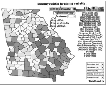 Figure 16.—When the Classify palette is opened to level 3,  and Quick Classify row 2 is visible, graduated circles illustrate  forestland values for each county.