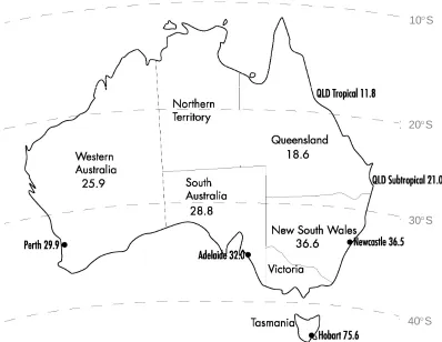 Figure 4. Distribution of multiple sclerosis (age-standardised prevalence per 100,000population) in Australia in 1981.(Data from McLeod et al