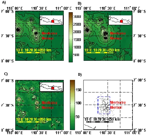 Fig. 4. GTOPO30 and SRTM30 DEMs of Central Java; the redrectangle in the inlet maps of Java gives the range of the DEMsshown; contour line interval is 200 m, unless otherwise noted
